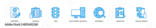 Digital marketing icon packs for your design digital and printing of content, search, seo, electronic devices, internet, analysis and social media icon live stroke and easy to edit 