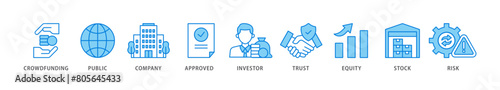 Ipo icon packs for your design digital and printing of crowdfunding, public company, approved, investor, trust, equity, stock and risk icon live stroke and easy to edit 