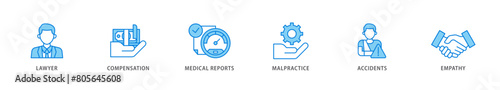 Personal injury law icon packs for your design digital and printing of malpractice, empathy, accidents, medical reports, compensation, lawyer icon live stroke and easy to edit 