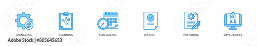 Release management icon packs for your design digital and printing of managing, planning, scheduling, building, testing, preparing and deployment icon live stroke and easy to edit 