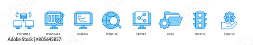 Web hosting icon packs for your design digital and printing of provider, webspace, domain, website, server, data, traffic and service icon live stroke and easy to edit 