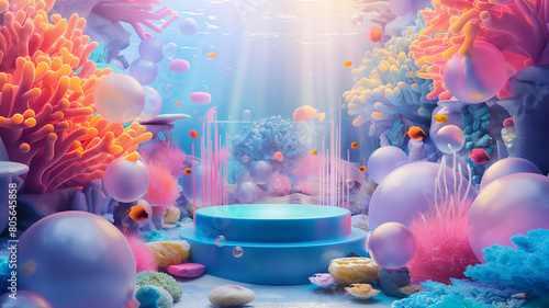marine and Sea beach theme scene design with round podium, bright and colorful underwater ,Dream-core Compositions Surrealist. .Coral reef , seaweed starfish and undersea life