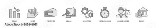 Bankruptcy icon packs for your design digital and printing of bank ,court order, legal, moratorium, process, creditor, debt, crisis icon live stroke and easy to edit 