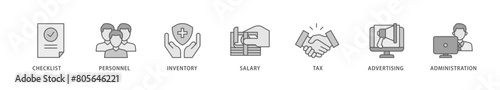 Cost reduction icon packs for your design digital and printing of checklist, personnel, inventory, salary, tax, advertising and administration icon live stroke and easy to edit 