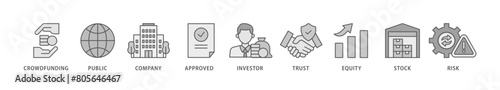 Ipo icon packs for your design digital and printing of crowdfunding, public company, approved, investor, trust, equity, stock and risk icon live stroke and easy to edit 