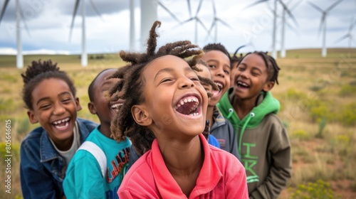 Multicultural children smiling while wind blowing hair flow with wind surrounded with grass field and wind mill. Diverse elementary student standing with happy and laughing. Renewable energy. AIG42.
