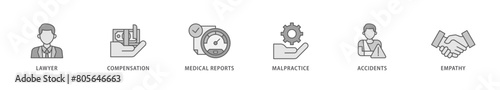 Personal injury law icon packs for your design digital and printing of malpractice, empathy, accidents, medical reports, compensation, lawyer icon live stroke and easy to edit 