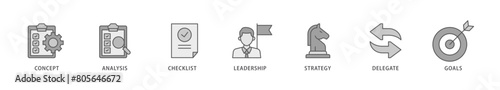 Planning icon packs for your design digital and printing of concept, analysis, checklist, leadership, strategy, delegate and goals icon live stroke and easy to edit 