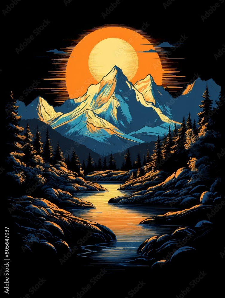 Intensely Detailed Mountains and River in Flat Style