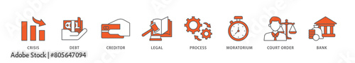 Bankruptcy icon packs for your design digital and printing of bank ,court order, legal, moratorium, process, creditor, debt, crisis icon live stroke and easy to edit 