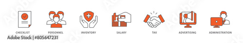 Cost reduction icon packs for your design digital and printing of checklist, personnel, inventory, salary, tax, advertising and administration icon live stroke and easy to edit 