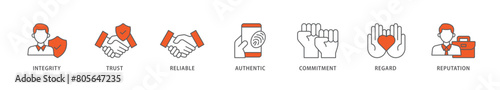 Credibility icon packs for your design digital and printing of integrity, trust, reliable, authentic, commitment, regard, and reputation icon live stroke and easy to edit 