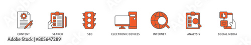 Digital marketing icon packs for your design digital and printing of content, search, seo, electronic devices, internet, analysis and social media icon live stroke and easy to edit 