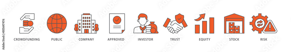 Ipo icon packs for your design digital and printing of crowdfunding, public company, approved, investor, trust, equity, stock and risk icon live stroke and easy to edit 