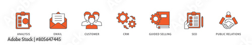 Inbound marketing icon packs for your design digital and printing of analysis, email, customer, crm, guided selling, seo and public relations icon live stroke and easy to edit 