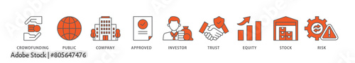 Ipo icon packs for your design digital and printing of crowdfunding, public company, approved, investor, trust, equity, stock and risk icon live stroke and easy to edit 