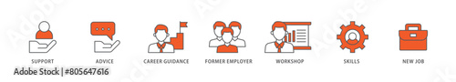Outplacement icon packs for your design digital and printing of mer employer, workshop, skills, new job, training, and presentation icon live stroke and easy to edit 