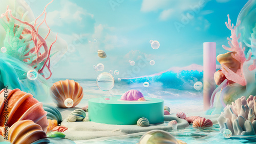 marine and Sea beach theme scene design with round podium, bright and colorful underwater ,Dream-core Compositions Surrealist. .Coral reef , seaweed starfish and undersea life