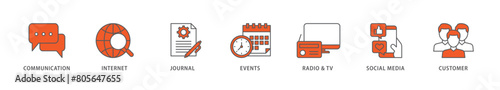 Public relations icon packs for your design digital and printing of communication, internet, journal, events, radio, tv, social media, and customer icon live stroke and easy to edit 