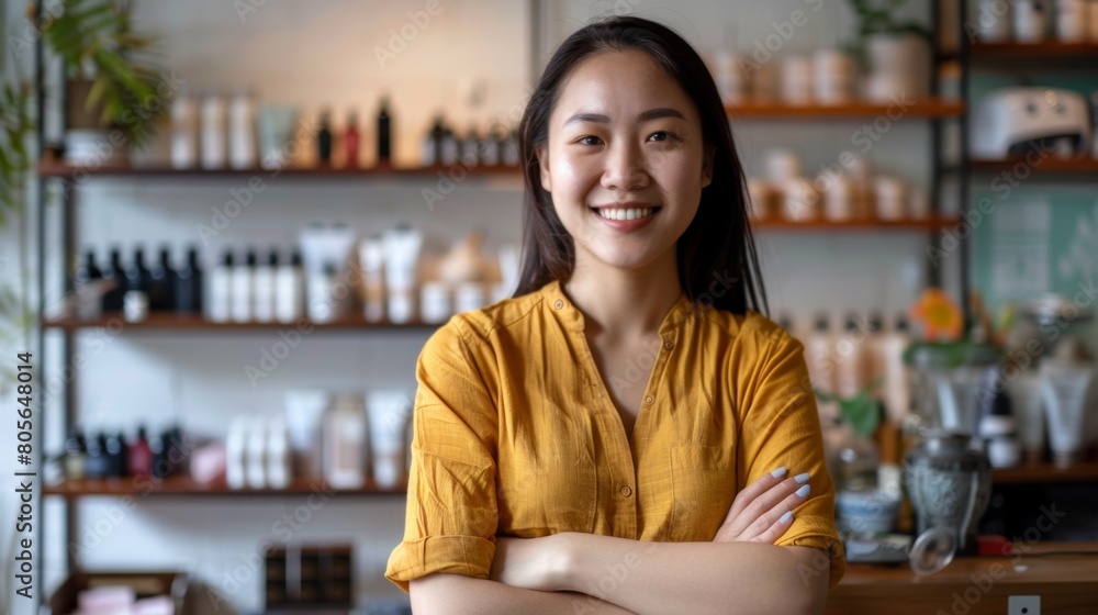 Asian woman manicurist stands with arms folded and smiles at the camera Asian woman manicurist stands with arms folded and smiles at the camera