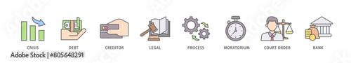 Bankruptcy icon packs for your design digital and printing of bank ,court order, legal, moratorium, process, creditor, debt, crisis icon live stroke and easy to edit 