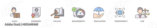 Compliance icon packs for your design digital and printing of law, requirements, transparency, regulations, policies, standards, rules icon live stroke and easy to edit 
