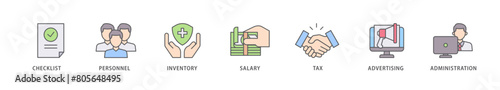 Cost reduction icon packs for your design digital and printing of checklist, personnel, inventory, salary, tax, advertising and administration icon live stroke and easy to edit 
