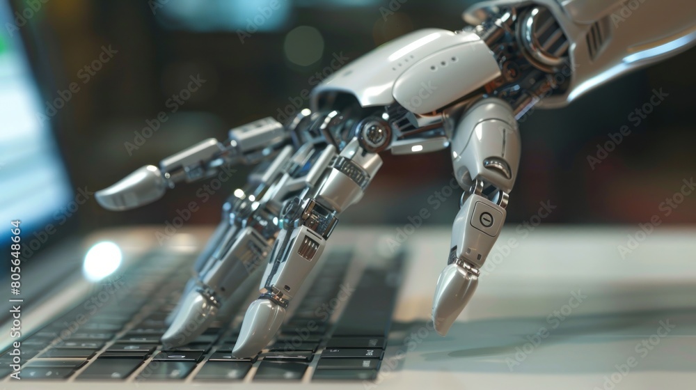 Fototapeta premium Illustration of a white AI robot hand doing Typing on a Modern Laptop. Ai generated