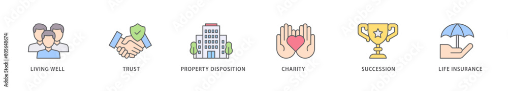 Obraz premium Estate planning icon packs for your design digital and printing of living well, trust, property disposition, charity, succession, life insurance icon live stroke and easy to edit 