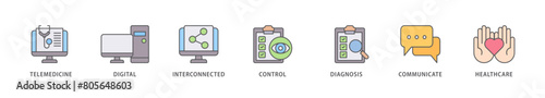 Digital health icon packs for your design digital and printing of e health, telemedicine, interconnected, smartwatch, diagnosis, email, and medical app icon live stroke and easy to edit 