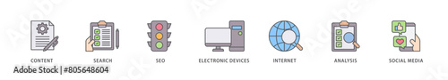 Digital marketing icon packs for your design digital and printing of content, search, seo, electronic devices, internet, analysis and social media icon live stroke and easy to edit 