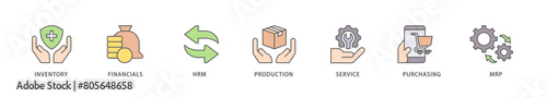 ERP icon packs for your design digital and printing of inventory, financials, hrm, production, service, purchasing, and mrp icon live stroke and easy to edit 