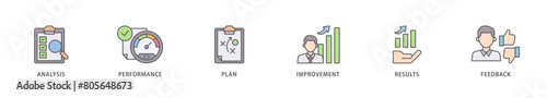 Evaluation icon packs for your design digital and printing of analysis, performance, plan, improvement, results, and feedback  icon live stroke and easy to edit 