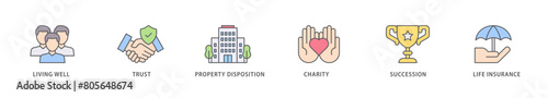 Estate planning icon packs for your design digital and printing of living well, trust, property disposition, charity, succession, life insurance icon live stroke and easy to edit 