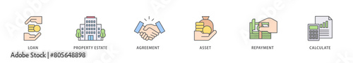 Mortgage icon packs for your design digital and printing of loan, property estate, agreement, asset, repayment and calculate icon live stroke and easy to edit 