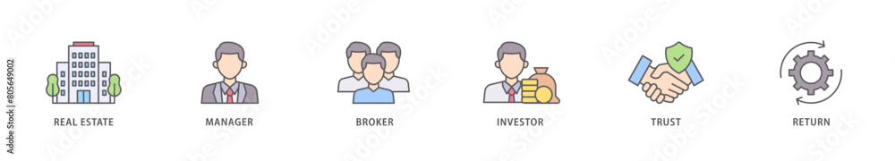 REIT icon packs for your design digital and printing of real estate, manager, broker, investor, trust and return icon live stroke and easy to edit 