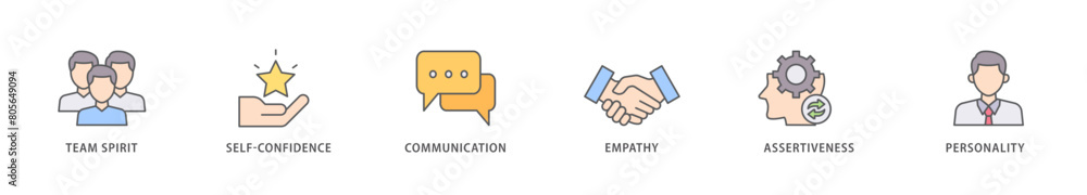 Soft skills icon packs for your design digital and printing of team spirit, self confidence, communication, empathy, assertiveness, and personality icon live stroke and easy to edit Soft skills icon packs for your design digital and printing of team spirit, self confidence, communication, empathy, assertiveness, and personality icon live stroke and easy to edit