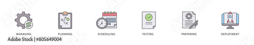 Release management icon packs for your design digital and printing of managing, planning, scheduling, building, testing, preparing and deployment icon live stroke and easy to edit 
