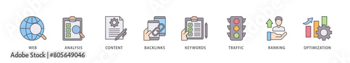 SEO icon packs for your design digital and printing of website, analysis, content, backlinks, keywords, traffic, ranking, and optimization icon live stroke and easy to edit 