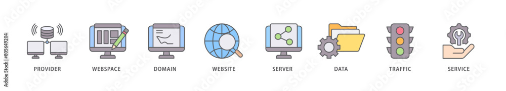Web hosting icon packs for your design digital and printing of provider, webspace, domain, website, server, data, traffic and service icon live stroke and easy to edit Web hosting icon packs for your design digital and printing of provider, webspace, domain, website, server, data, traffic and service icon live stroke and easy to edit