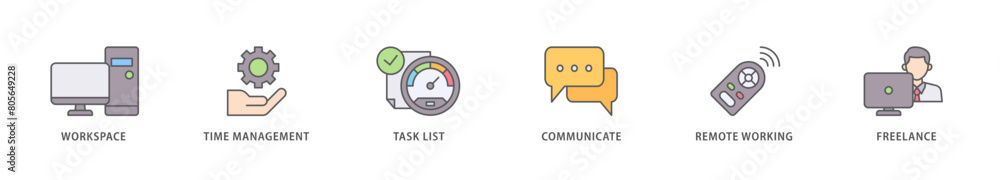 Work from home icon packs for your design digital and printing of workspace, time management, task list, communicate, remote working and freelance icon live stroke and easy to edit 