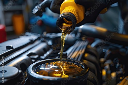 A man is pouring oil into a car engine. The oil is yellow and the man is wearing black gloves