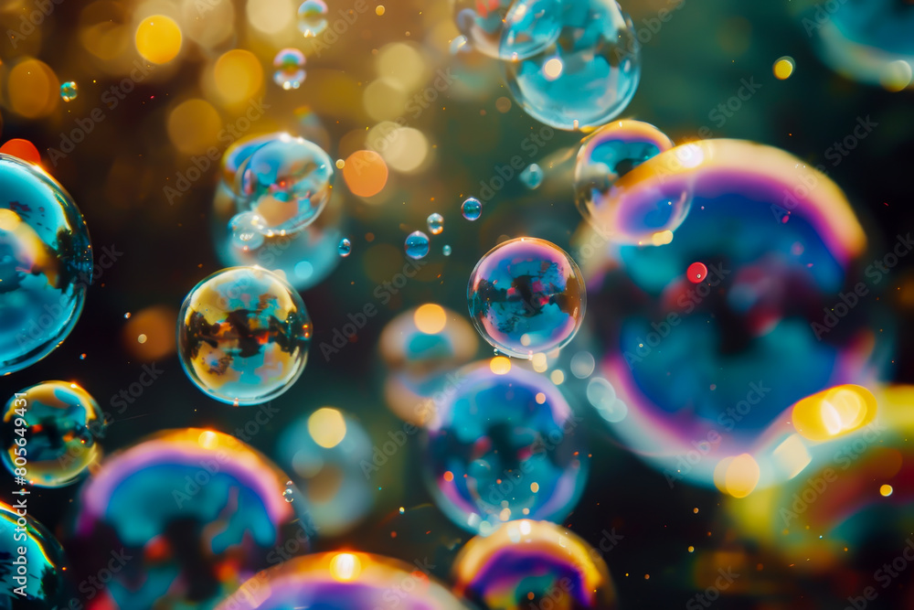 A colorful image of many bubbles floating in the air. The bubbles are of different sizes and colors, creating a vibrant and playful atmosphere. Concept of joy and wonder, as if the bubbles are dancing