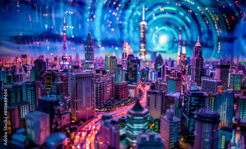 A cityscape with a bright blue sky and neon lights. The city is full of tall buildings and a highway with cars driving by. Scene is energetic and futuristic A cityscape with a bright blue sky and neon lights. The city is full of tall buildings and a highway with cars driving by. Scene is energetic and futuristic