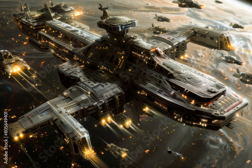 Fototapeta Naklejka Na Ścianę i Meble -  A large space ship is surrounded by smaller ships. The scene is set in a futuristic world with a lot of action