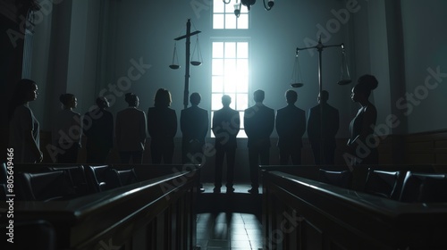 A darkened courtroom with scales of justice obscured by shadows, while diverse individuals stand on opposite sides photo