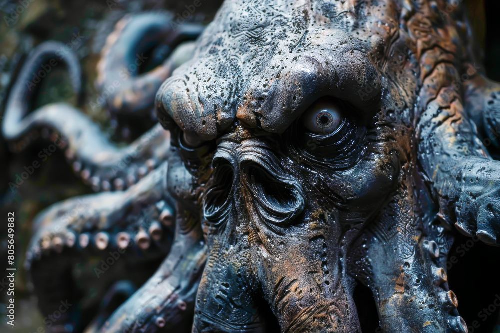 A creepy monster with a large head and tentacles. The monster has a menacing look on its face and he is angry A creepy monster with a large head and tentacles. The monster has a menacing look on its face and he is angry