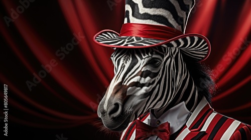 Zebra wearing a red hat and bowtie