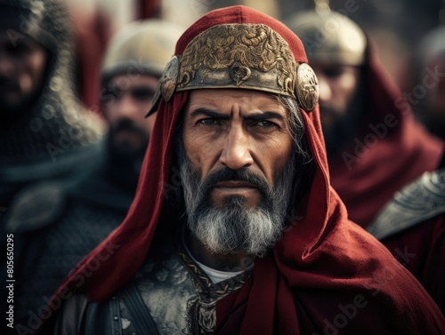 Bearded man in red cloak and ornate headpiece