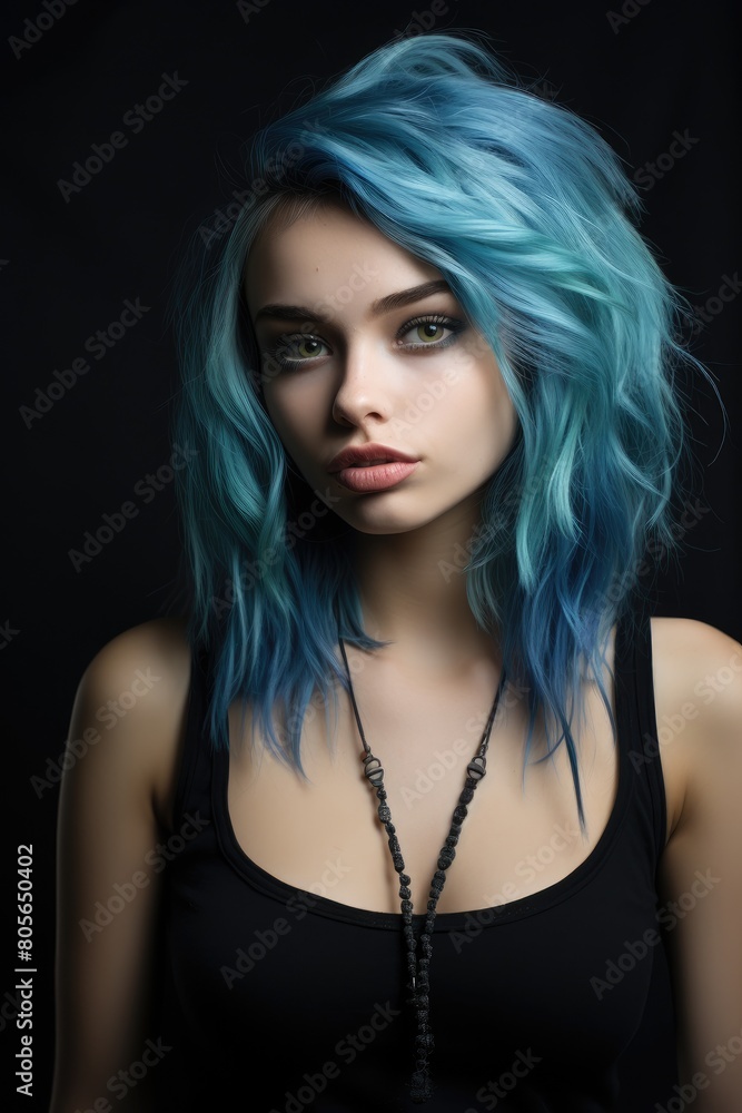 Striking portrait of a young woman with vibrant blue hair